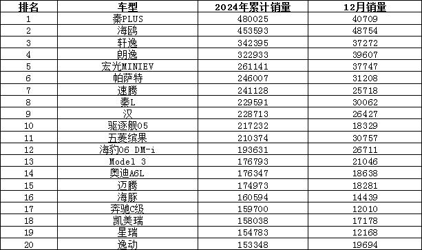 2024年汽车销量排行榜 比亚迪涨势迅猛