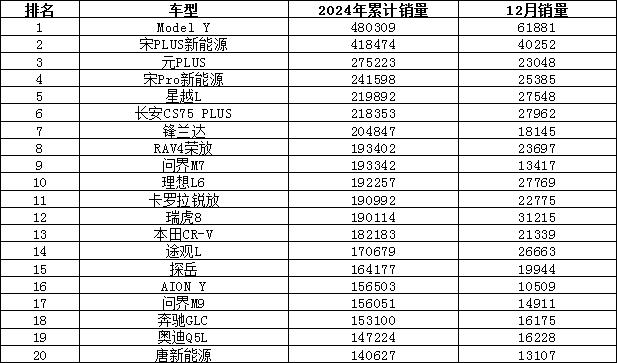 2024年汽车销量排行榜 比亚迪涨势迅猛