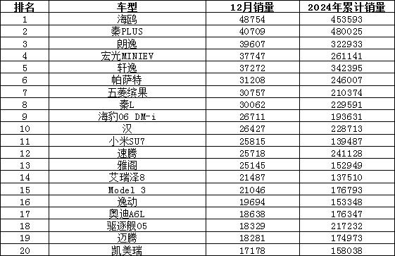 2024年12月汽车销量排行榜 奇瑞异军突起
