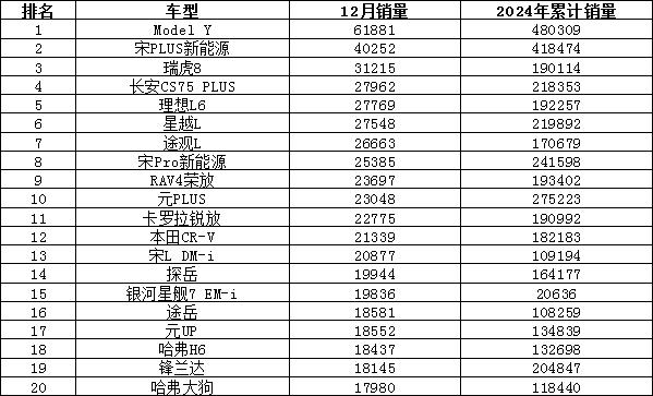2024年12月汽车销量排行榜 奇瑞异军突起