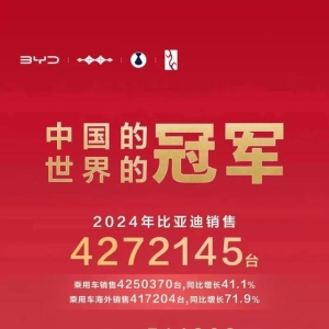 比亚迪销量“三连冠”，吉利、奇瑞超额完成目标…2024年自主品牌销量汇总来了！