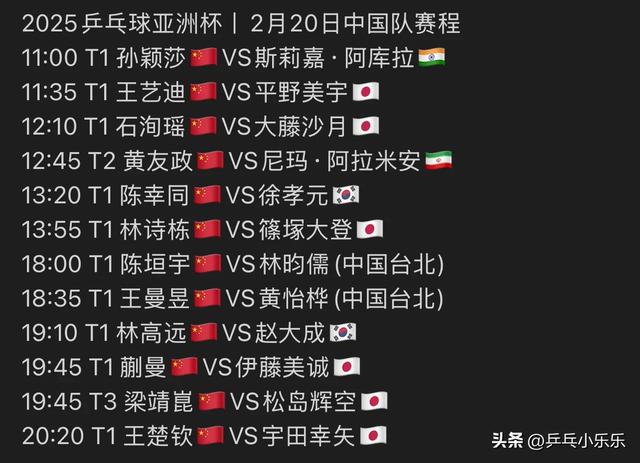 2月20日 今晚19:30中央5套CCTV5直播节目预告：附乒乓亚洲杯时间表