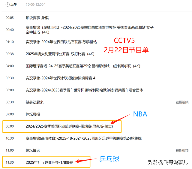 2月22日，央视体育直播预告：CCTV5播中超揭幕战、CCTV5+播乒乓球