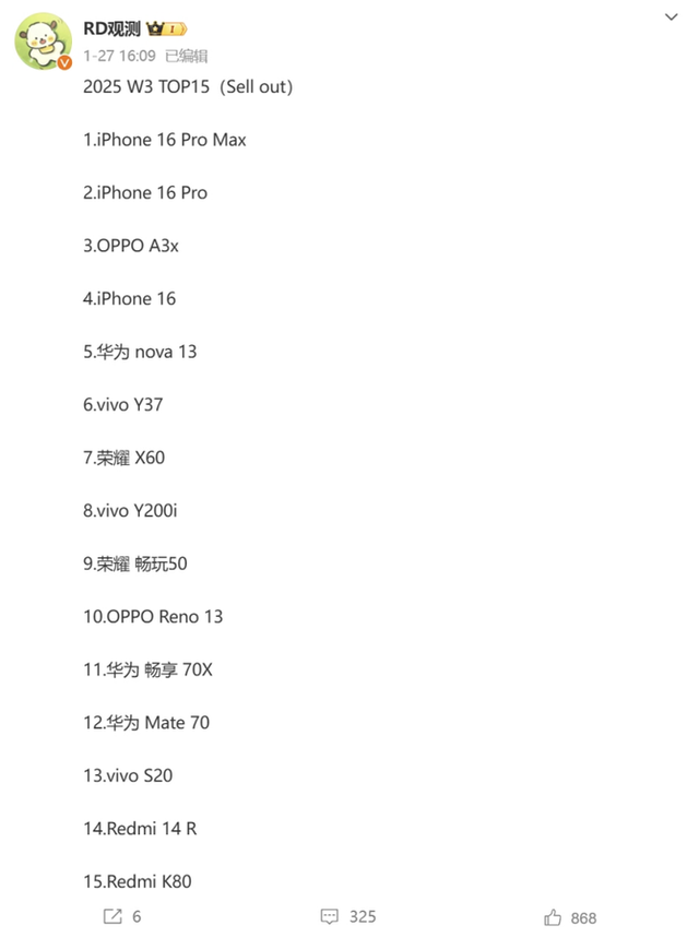 2025年1月中国手机销量榜：国补最大赢家是小米