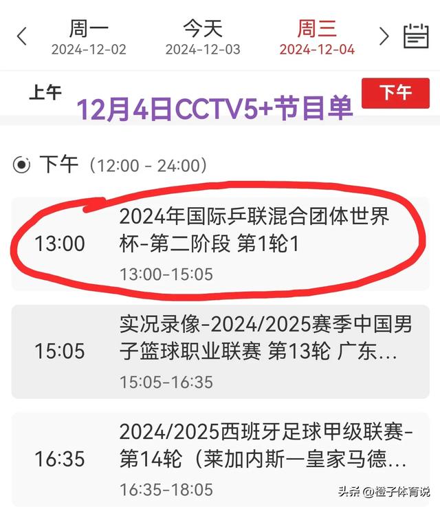 中央5台直播乒乓球时间表:附12月4日CCTV5、CCTV5+节目最新预告！