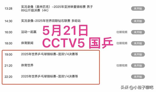 5.21日：今天下午四点CCTV5+直播国乒，今晚七点CCTV5直播国乒！
