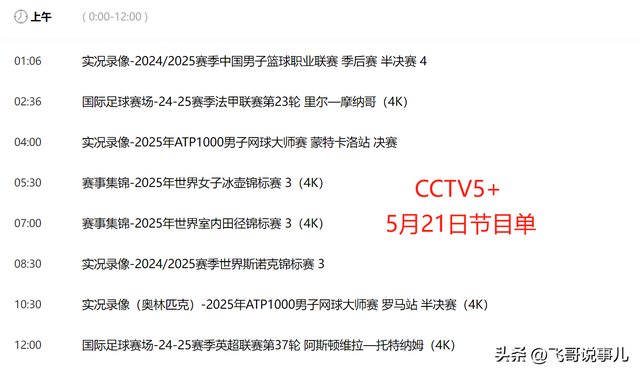 重要调整！5月21日央视体育直播节目时间表：CCTV5、CCTV5+节目单