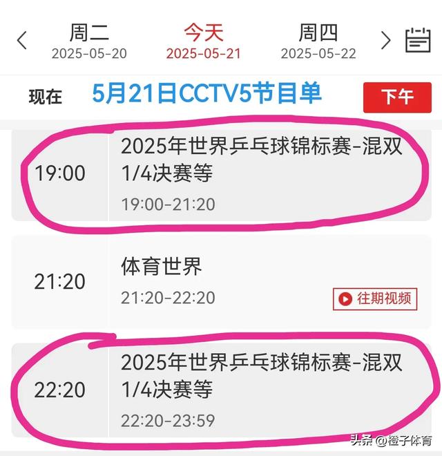 中央五套乒乓球直播表:5月21日CCTV5、CCTV5+节目单，附国乒赛程