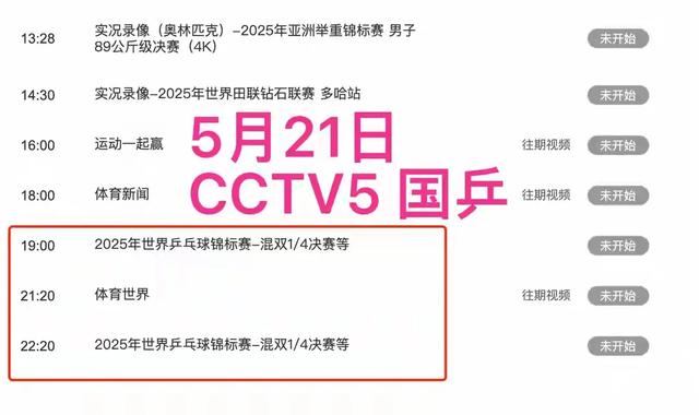 今晚中央五套乒乓球直播表:CCTV5、CCTV5+节目表，央视直播附赛程