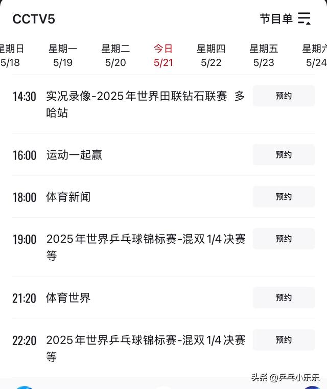 5月21日 今晚19:30中央5套CCTV5直播节目预告 附国乒世乒赛最新赛程