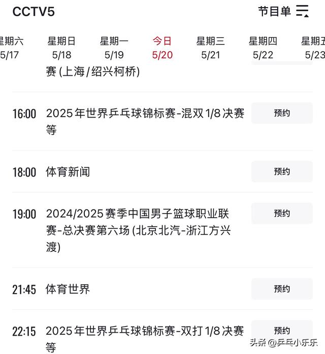 5月20日 今晚19:30中央5套CCTV5直播节目预告 附国乒世乒赛最新赛程