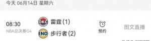 6月14日，NBA总决赛G4：步行者VS雷霆，央视直播预告