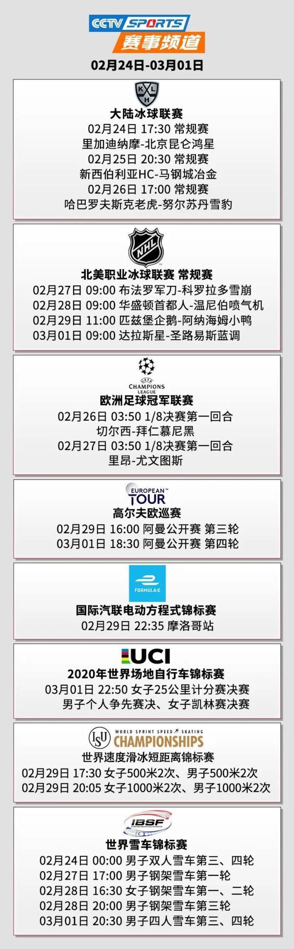 2月24日至3月1日CCTV5+一周直播预告